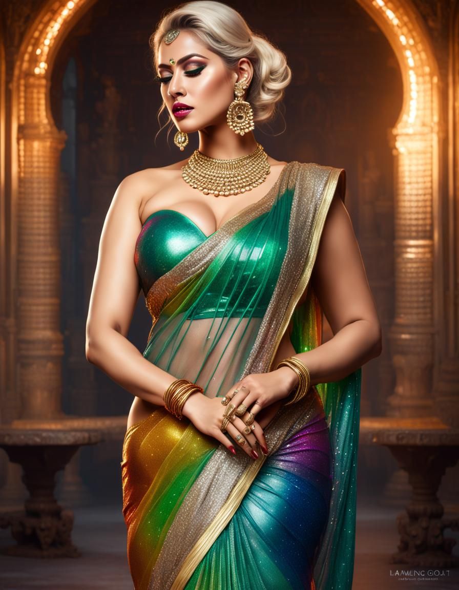 Voluptuous Woman in Glitter Saree, Hyperrealistic Portrait