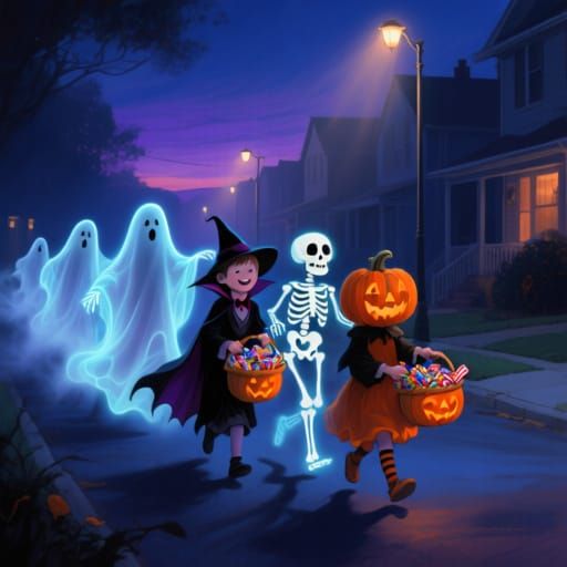Spectral Ghosts Haunt Costumed Children on Halloween Night