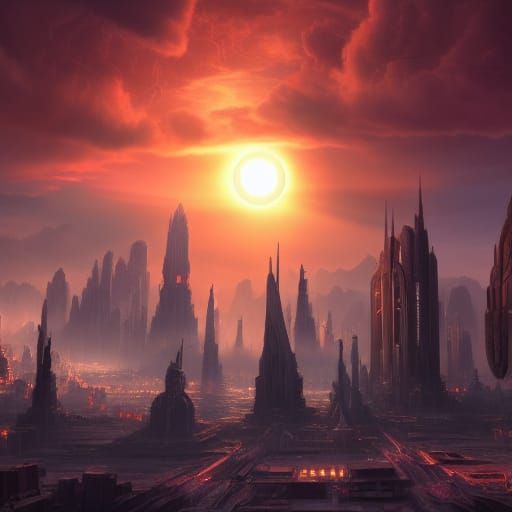 Burning Sun Over Futuristic City, Digital Art