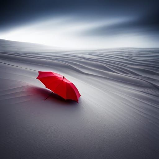 Red Umbrella on Dune in Cinematic Light