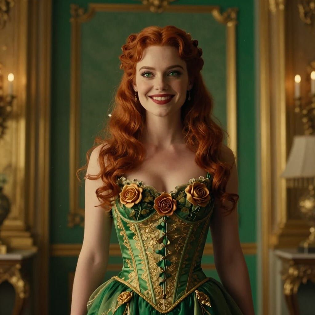 Woman in Rose Lace Gown in Golden Emerald Room