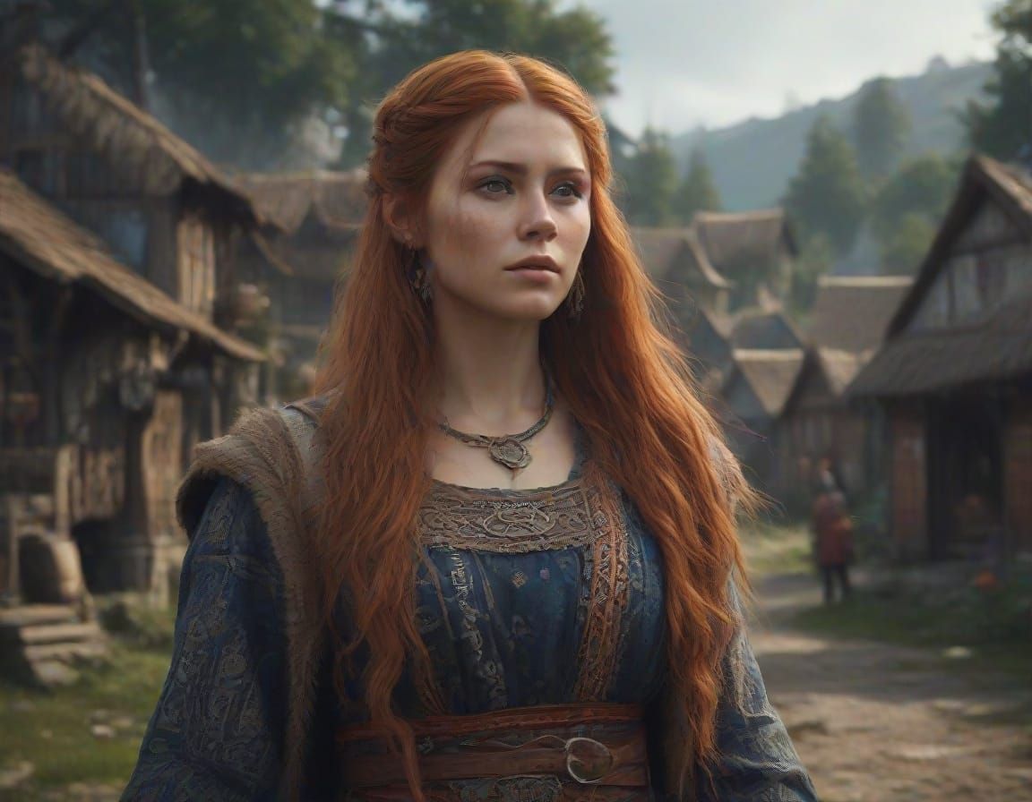 Viking Goddess in a Vibrant Village Scene