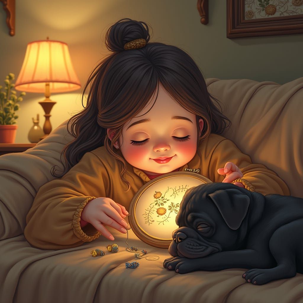 Cozy Whimsical Evening Scene with Embroidery and a Sleeping ...