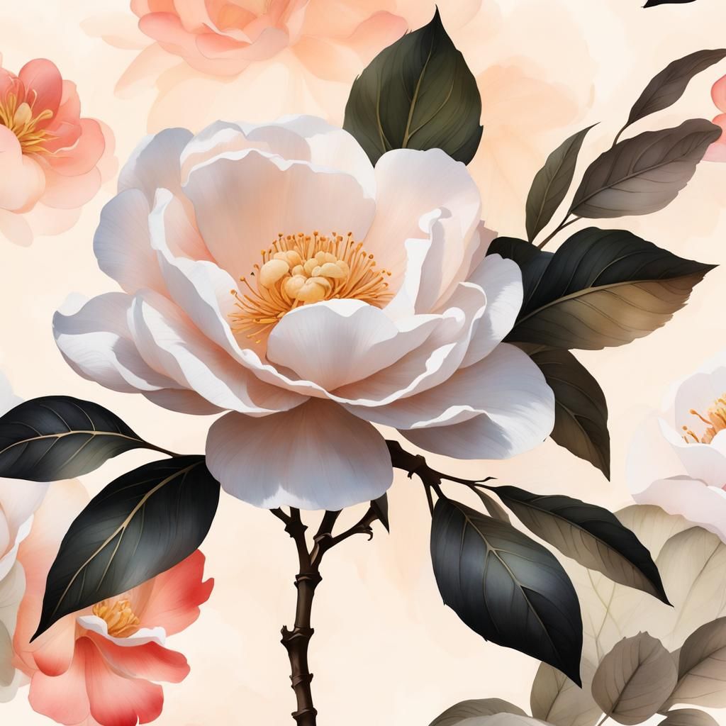 Camellia in Muted Chinese Ink Painting Style