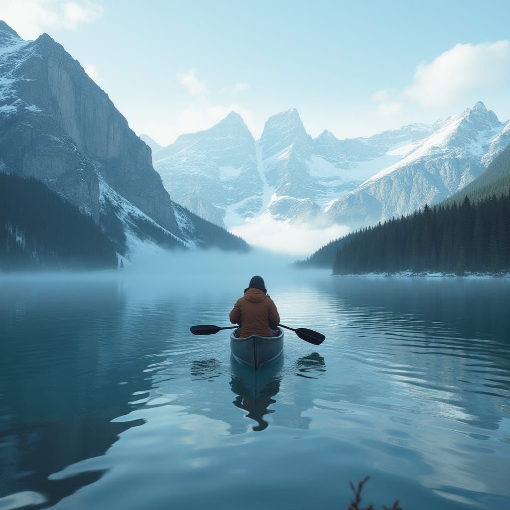 Mountain Lake Reflection with Canoe, Inspired by Landscape P...