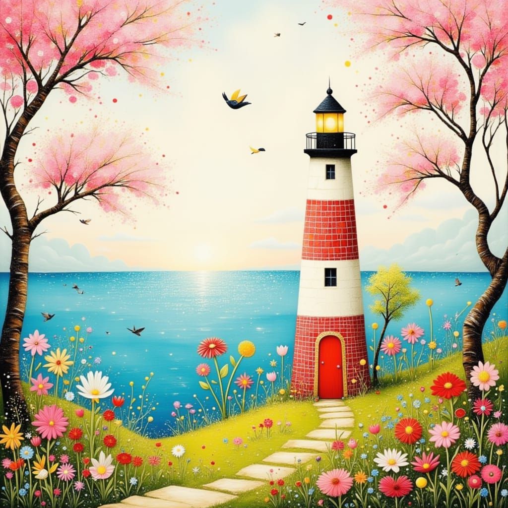 Whimsical Lighthouse in Blossom Garden