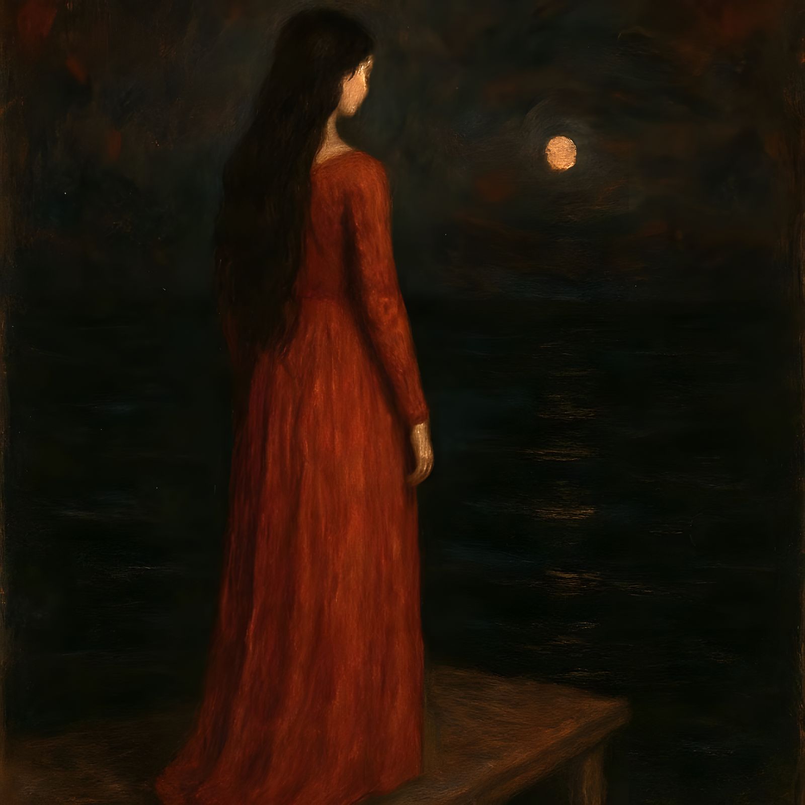 Matte Oil Painting of Woman in Red Dress at Night Dock