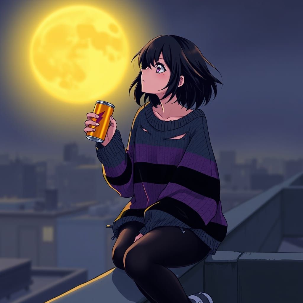 Melancholic Emo Woman Under the Vibrant Yellow Moon