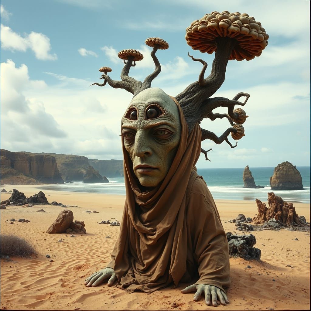 Distorted Face Emerges from Desert Landscape in Surrealist S...