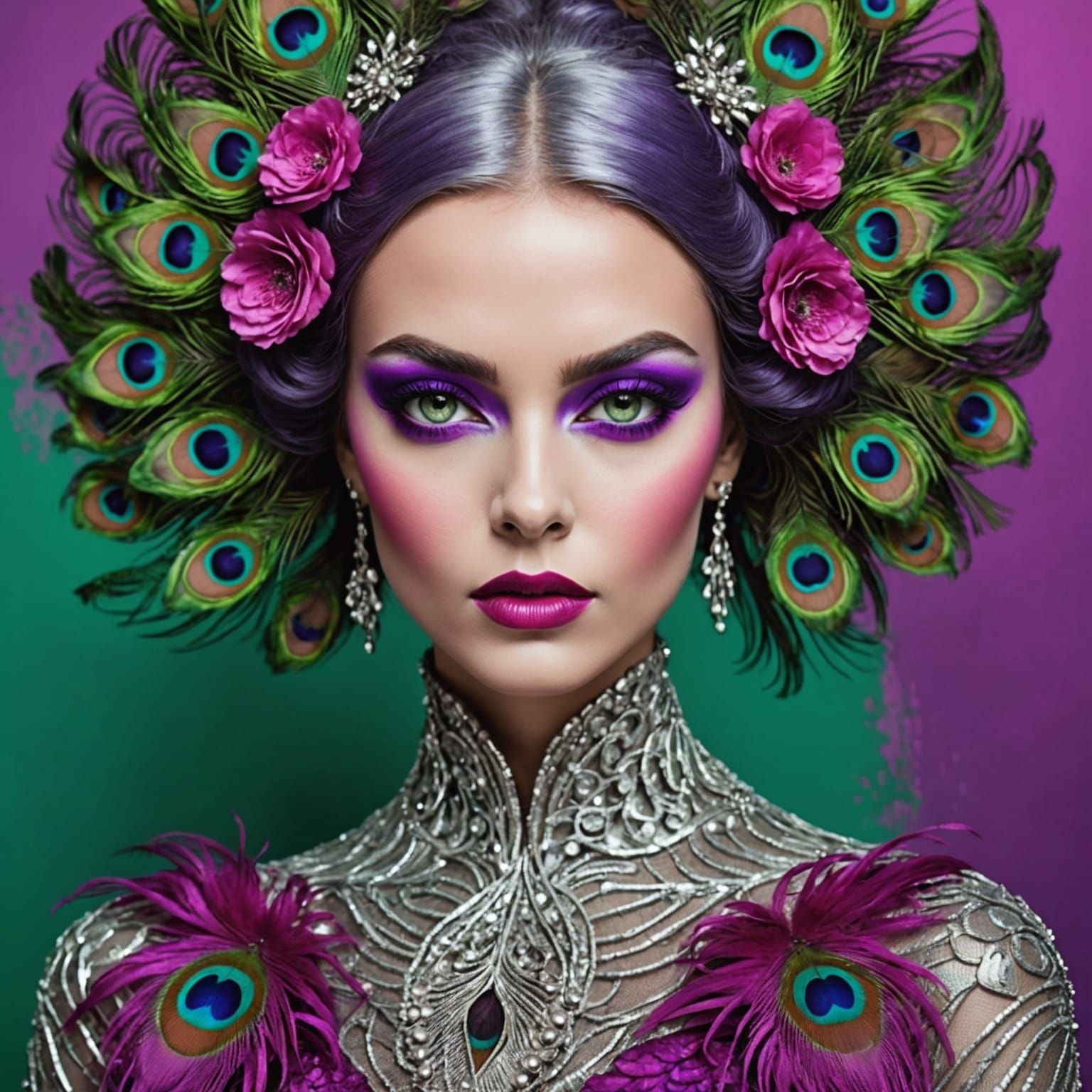 Abstract Portrait: Woman with Peacock Feather Hair