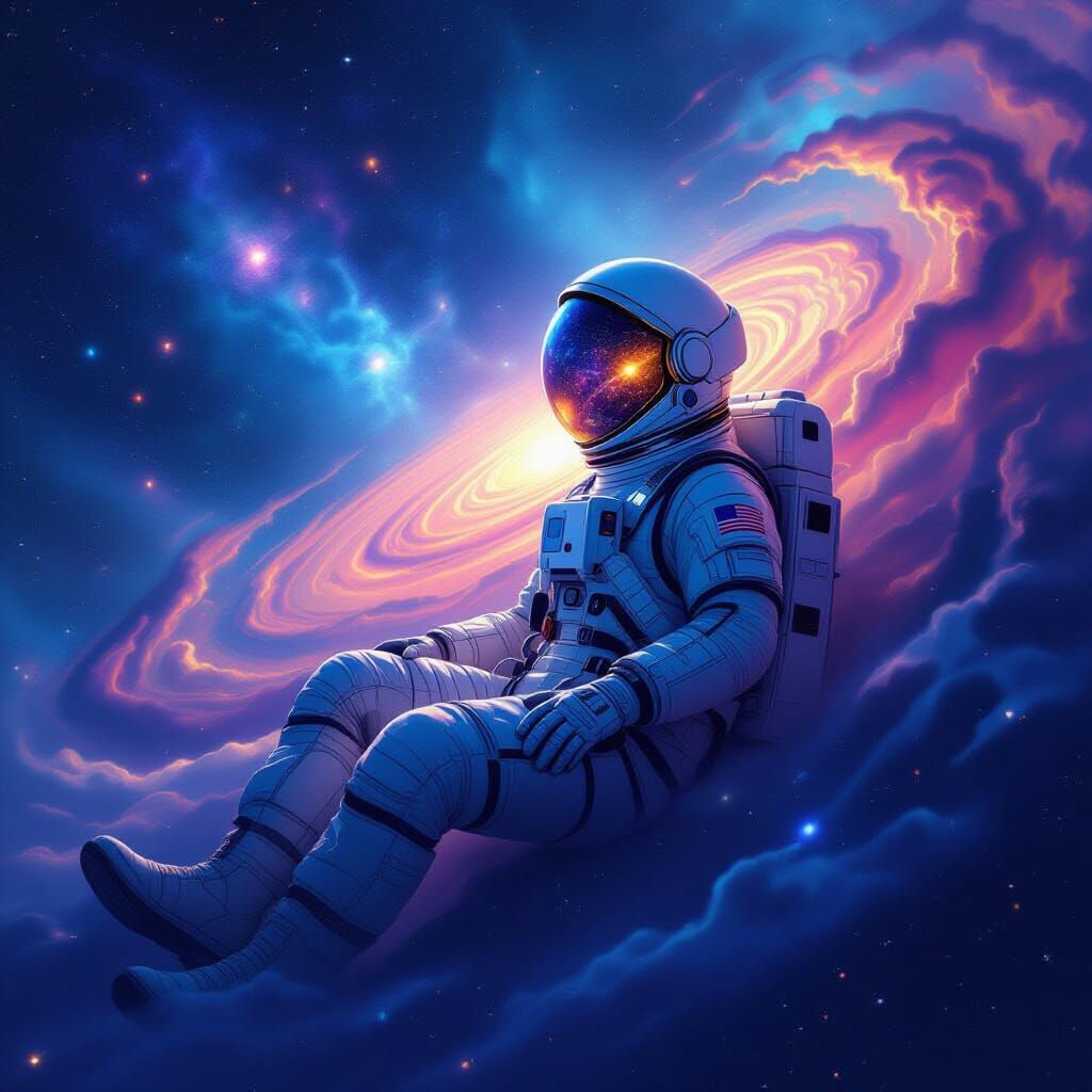 Astronaut Adrift in Nebula, Art Nouveau Digital Painting