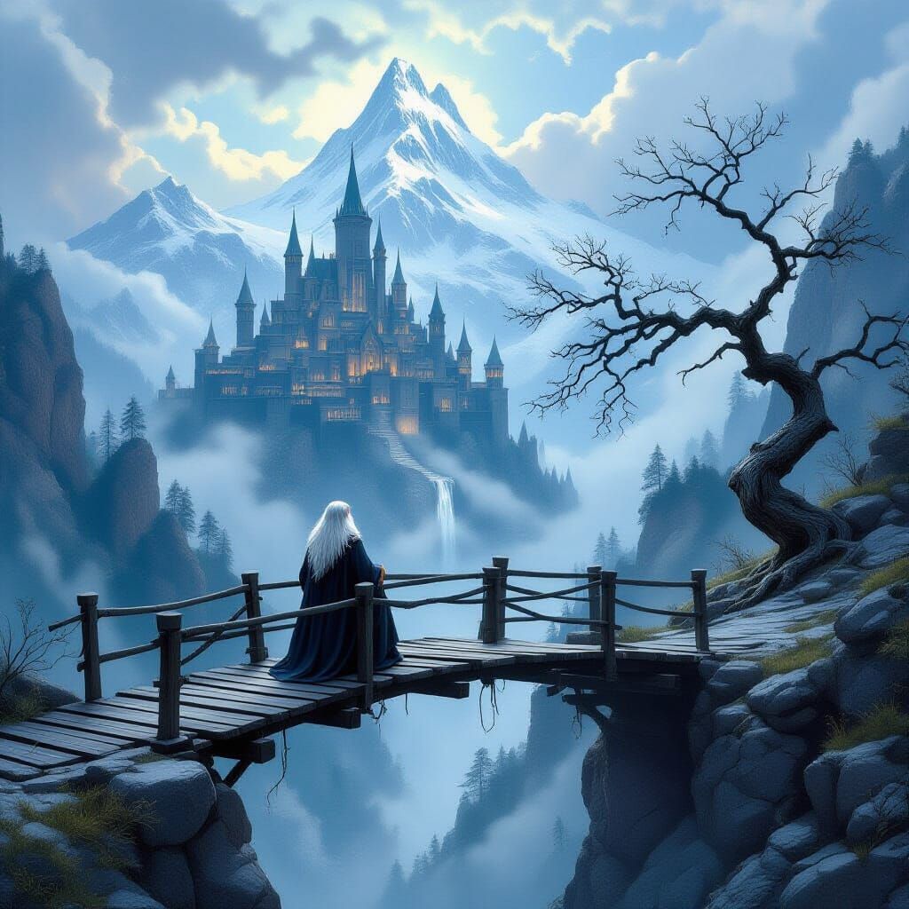 Wizard on Bridge Approaching Magical Mountain Library