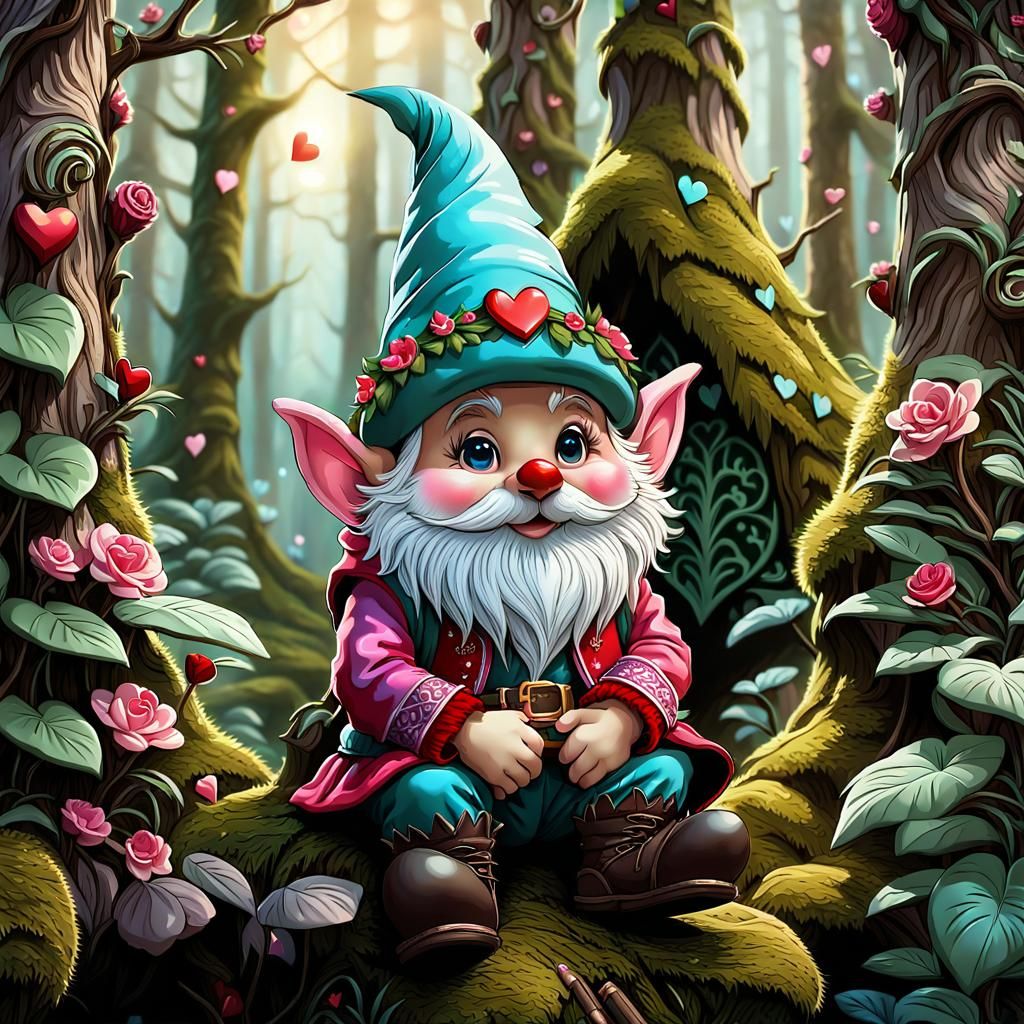 Valentine's Gnome in Evergreen Forest