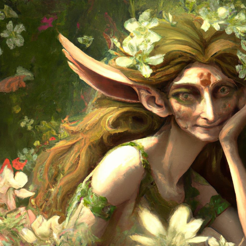 Female Satyr Portrait in Flower Garden, Digital Art
