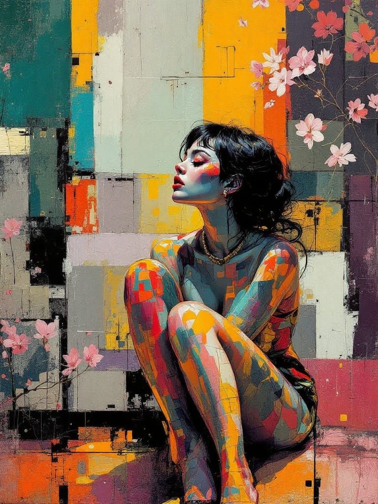 Abstract Pin-Up Figure with Geometric Garden Blooms