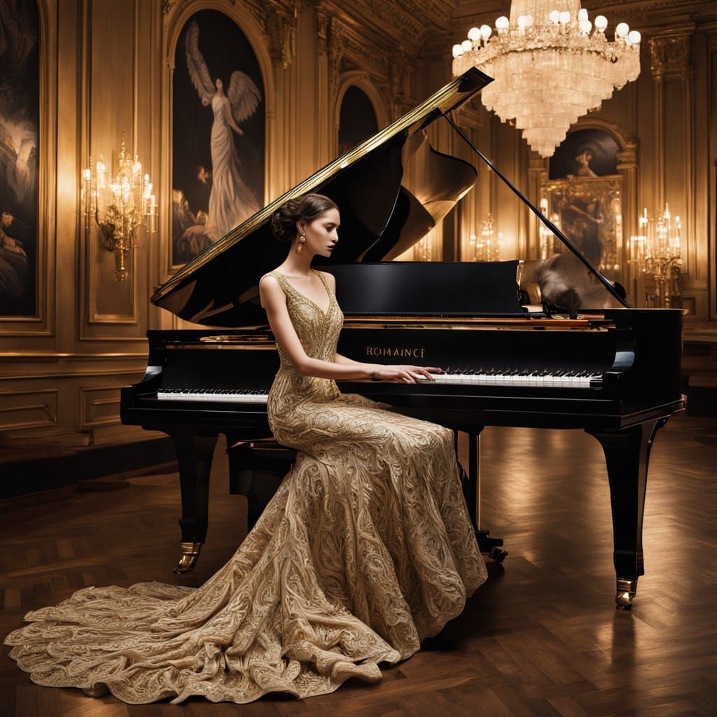 Elegant Woman Plays Piano in Lavish Art Deco Setting