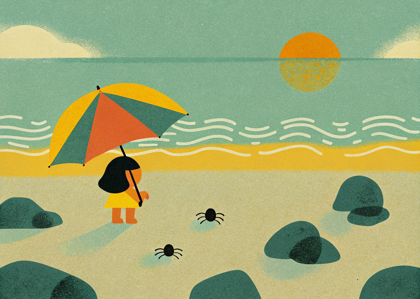 Girl With Rainbow Umbrella on Sunset Beach