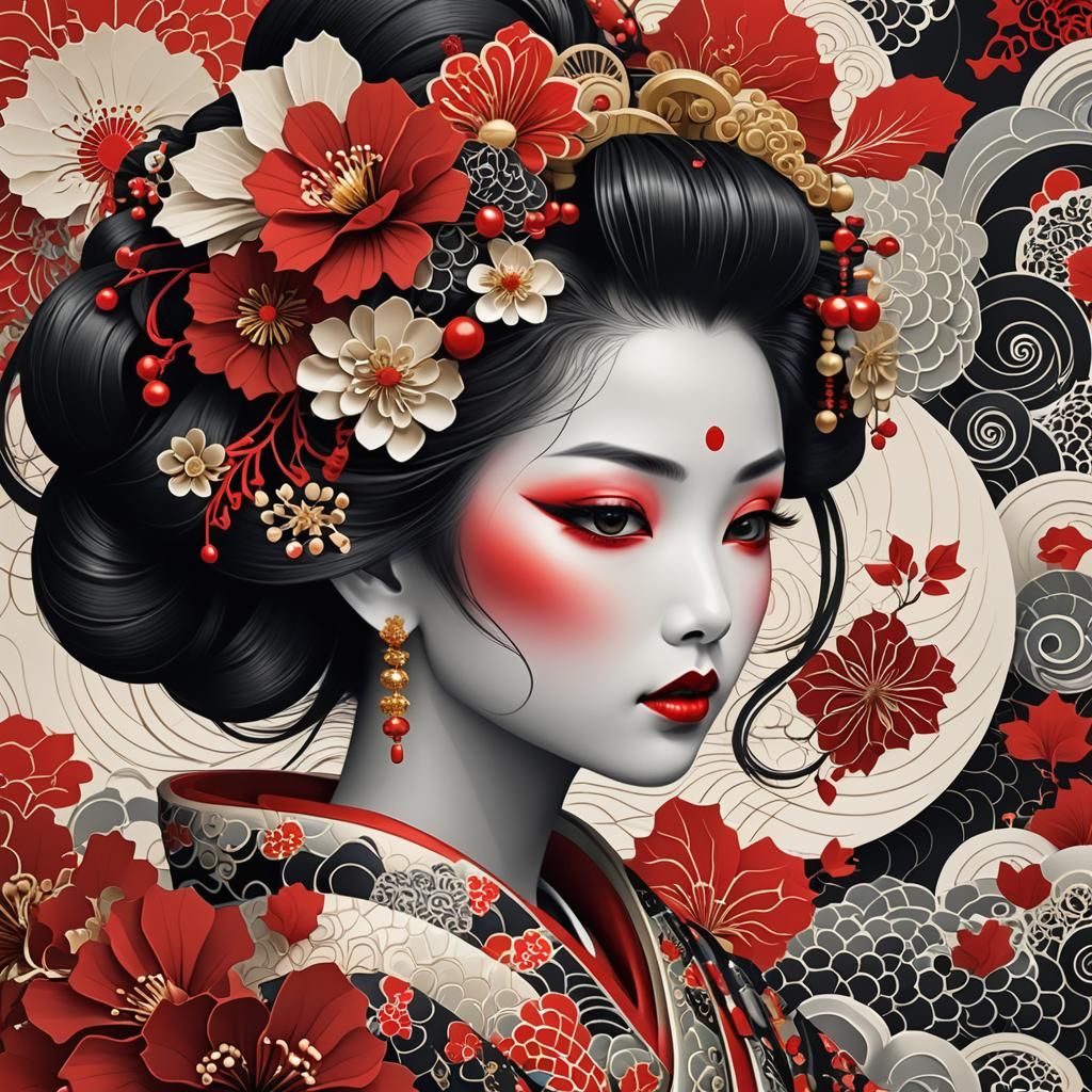 Elegant Geisha with Mournful Colors, Abstract Fractal Art