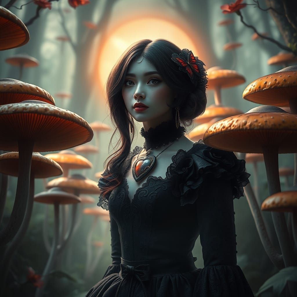 Mysterious Woman in Gothic Gown Amidst Mushroom Forest in Dr...