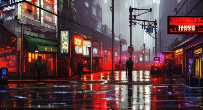 Cyberpunk City Street: Neo-Impressionist Oil Painting