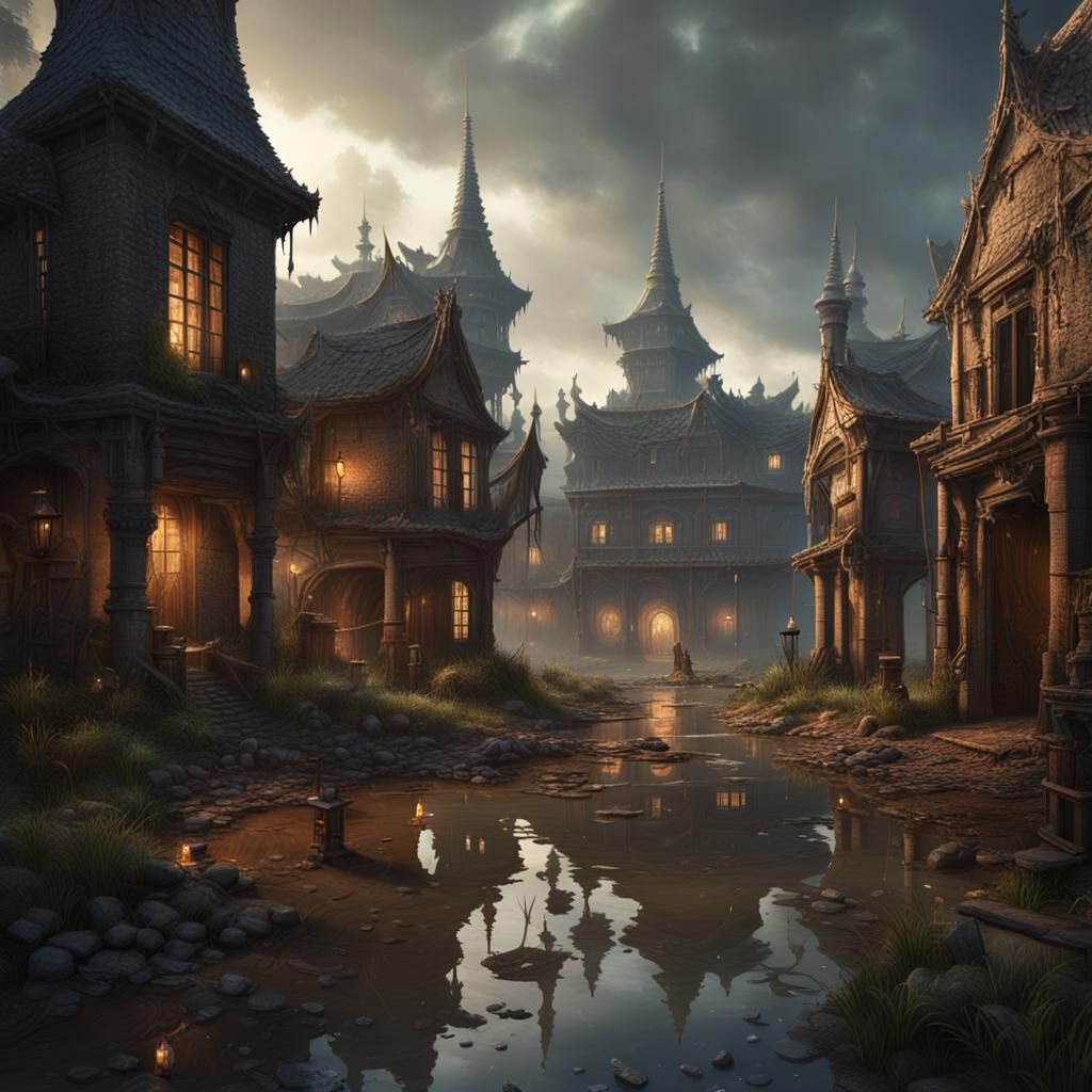Swamp City at Night: Fantasy Concept Art