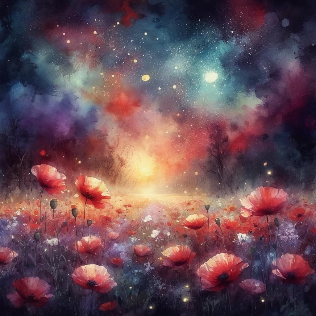 Magical Poppy Field Painting with Watercolor and Oil