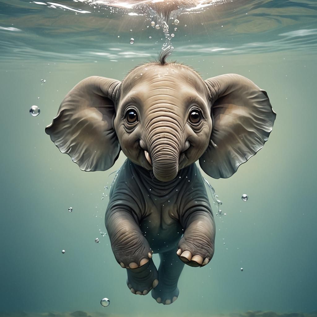 Cute Baby Elephant with Googly Eyes Underwater