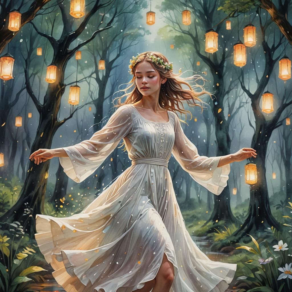 Enchanting Woman Dancing in Rainy Mystical Forest
