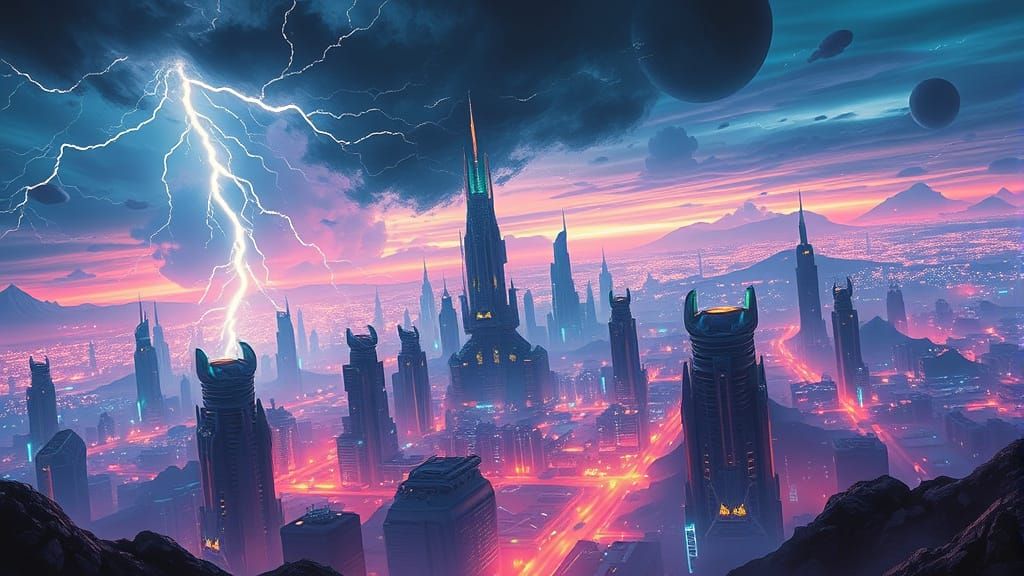 Dramatic Cityscape on a Distant World Illuminated by Lightni...