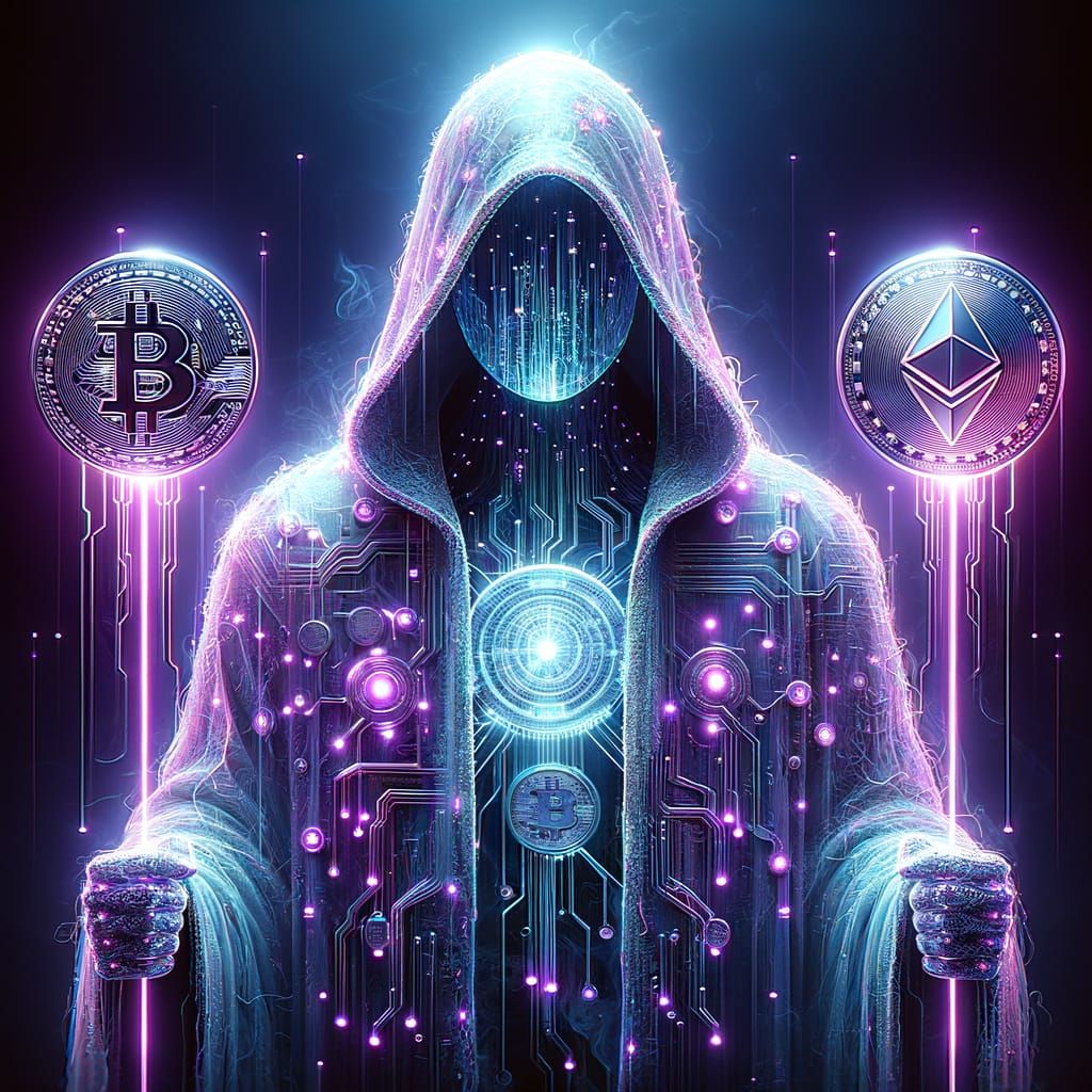 Cyberpunk Satoshi Nakamoto Statue in a Glowing Purple Cloak