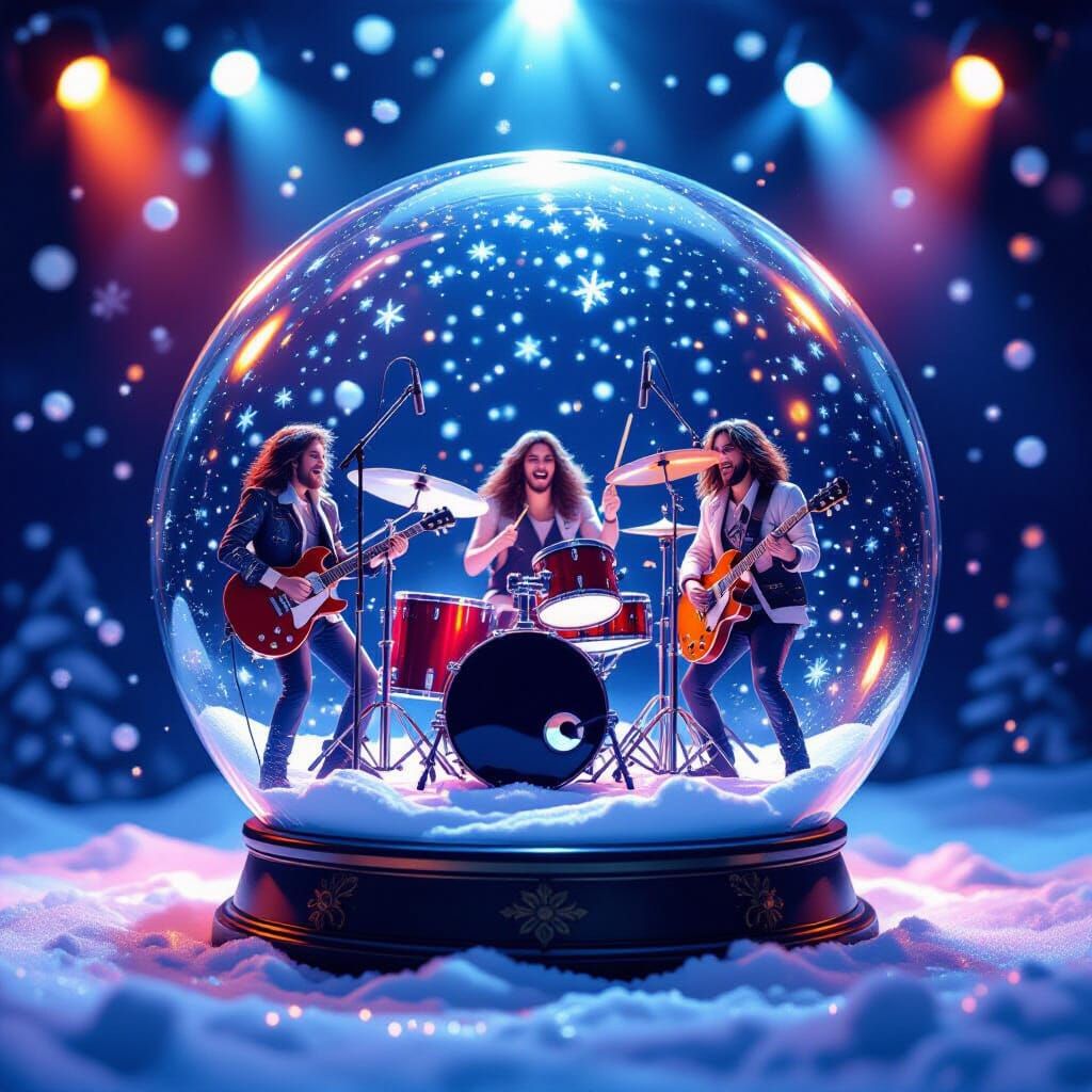 Energetic Rock Band Performing Inside a Magical Snowglobe
