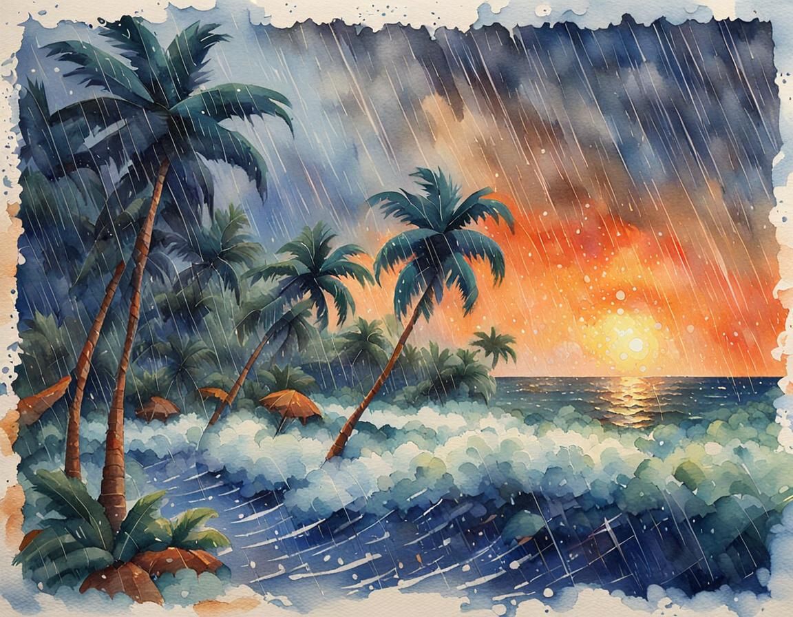 Neo-Impressionist Tropical Storm on Island Shore