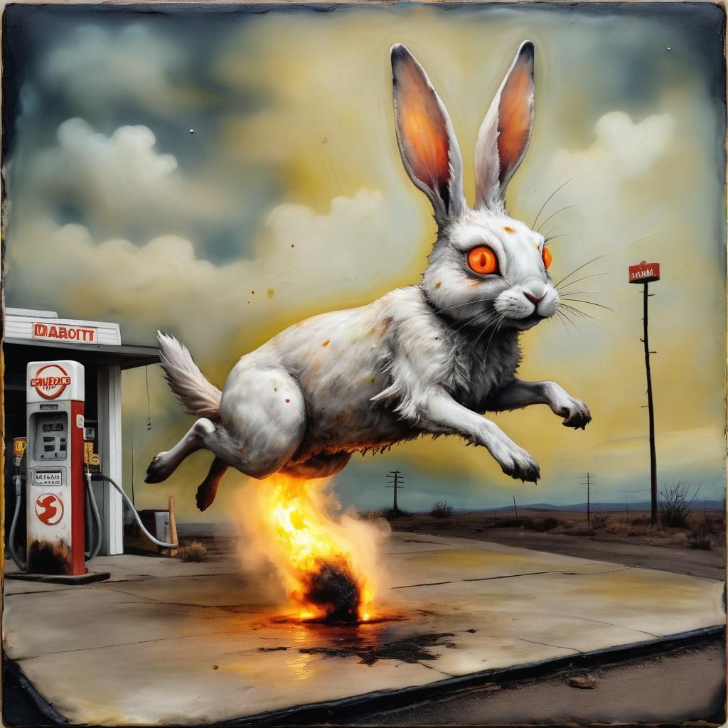Encaustic Rabbit Leaping Under Comet Sky