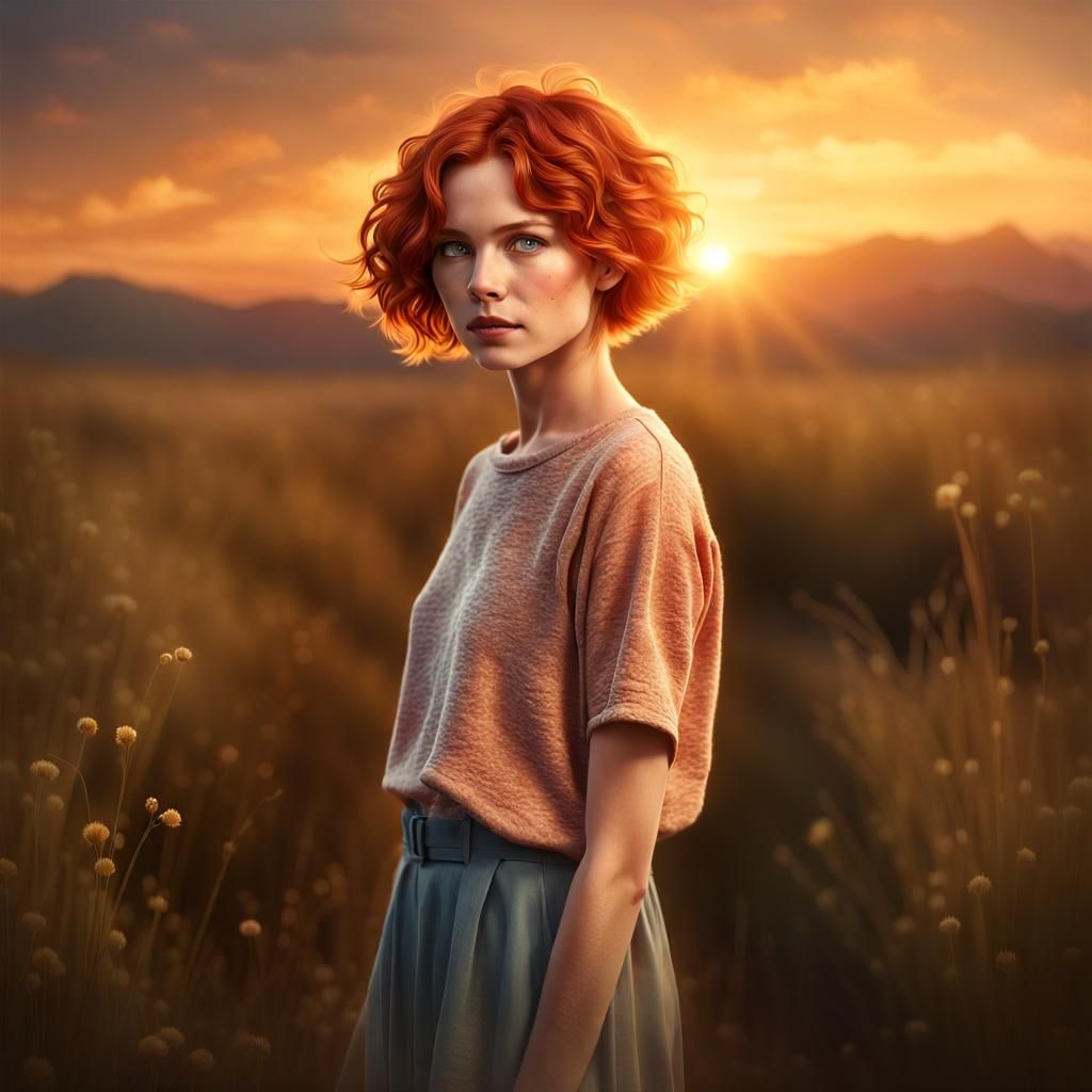 Beautiful Freckled Redhead in Sunset, Hyperrealistic Portrai...