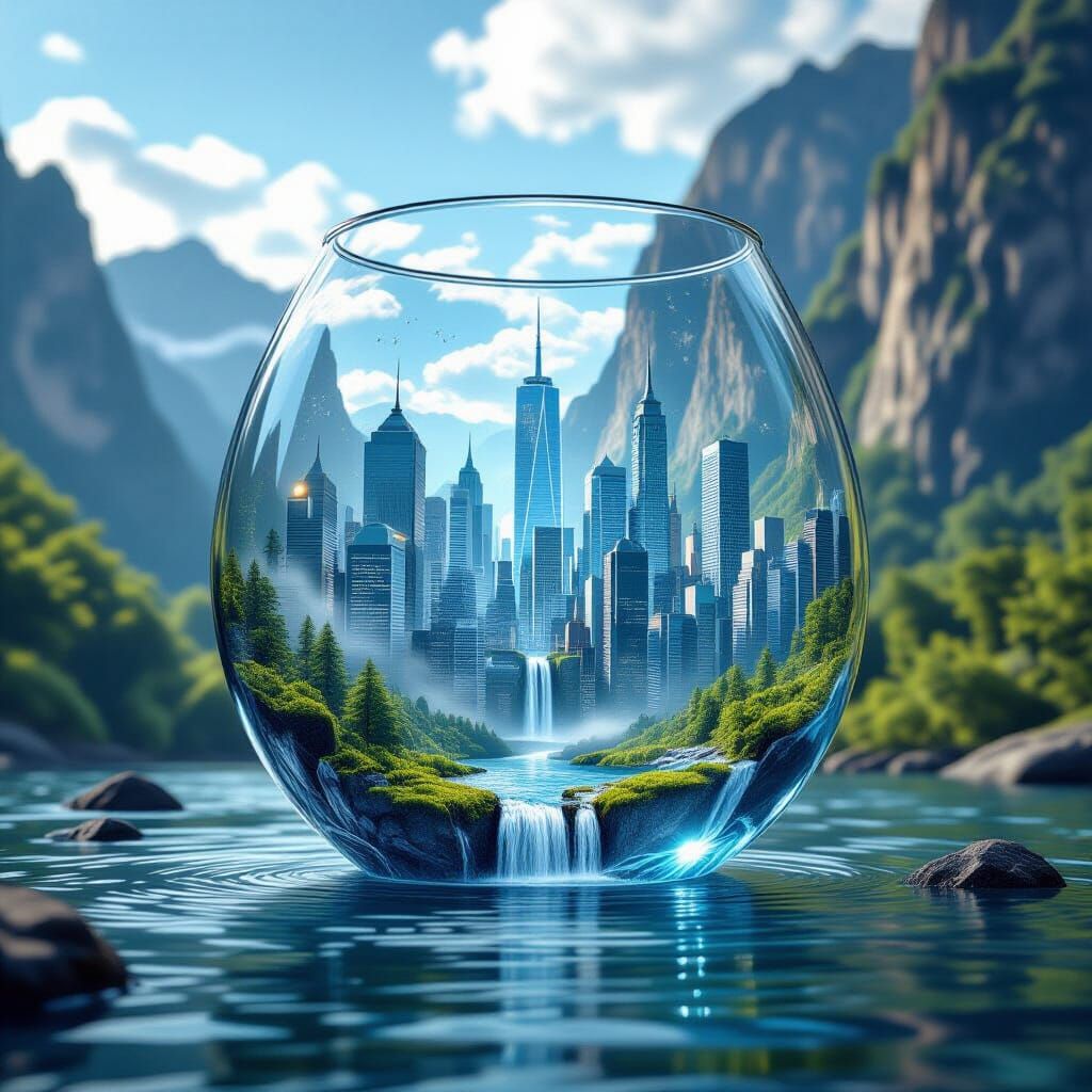 City in Glass with Waterfall, 3D Cinematic Render