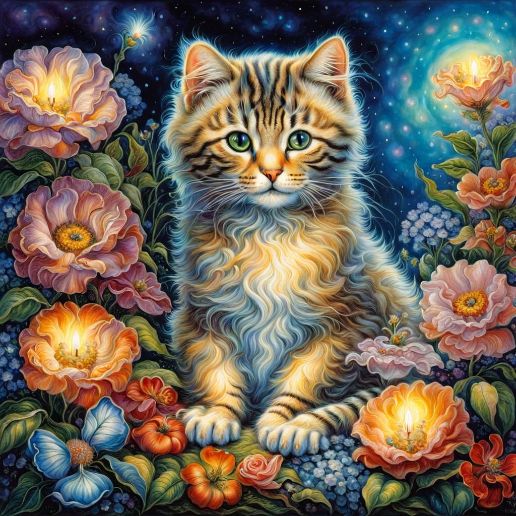 Cat Surrounded by Flowers in Fantasy Art Style