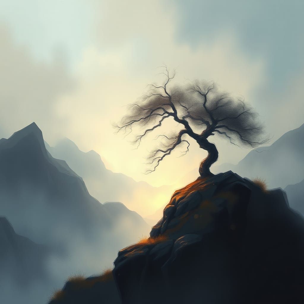 Ethereal Tree on Misty Mountain: Digital Painting