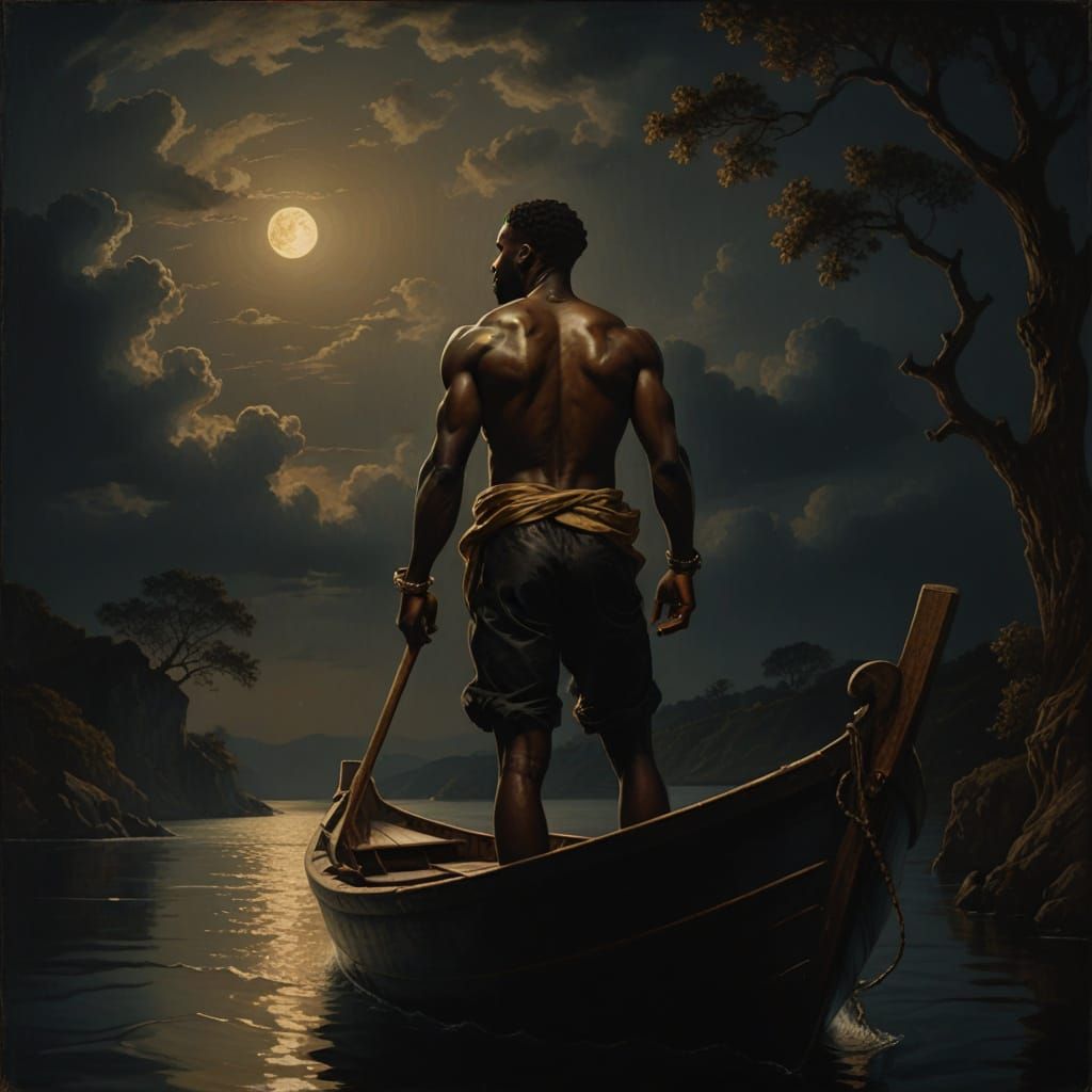 Baroque Painting: Man in Boat Under Moonlight