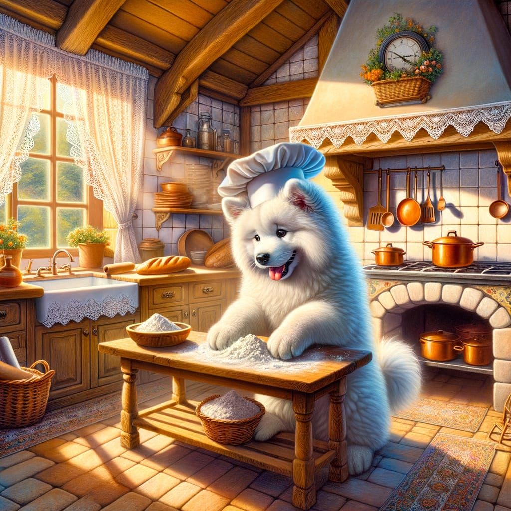 Charming French Cottage Kitchen Scene with Happy Chef Puppy