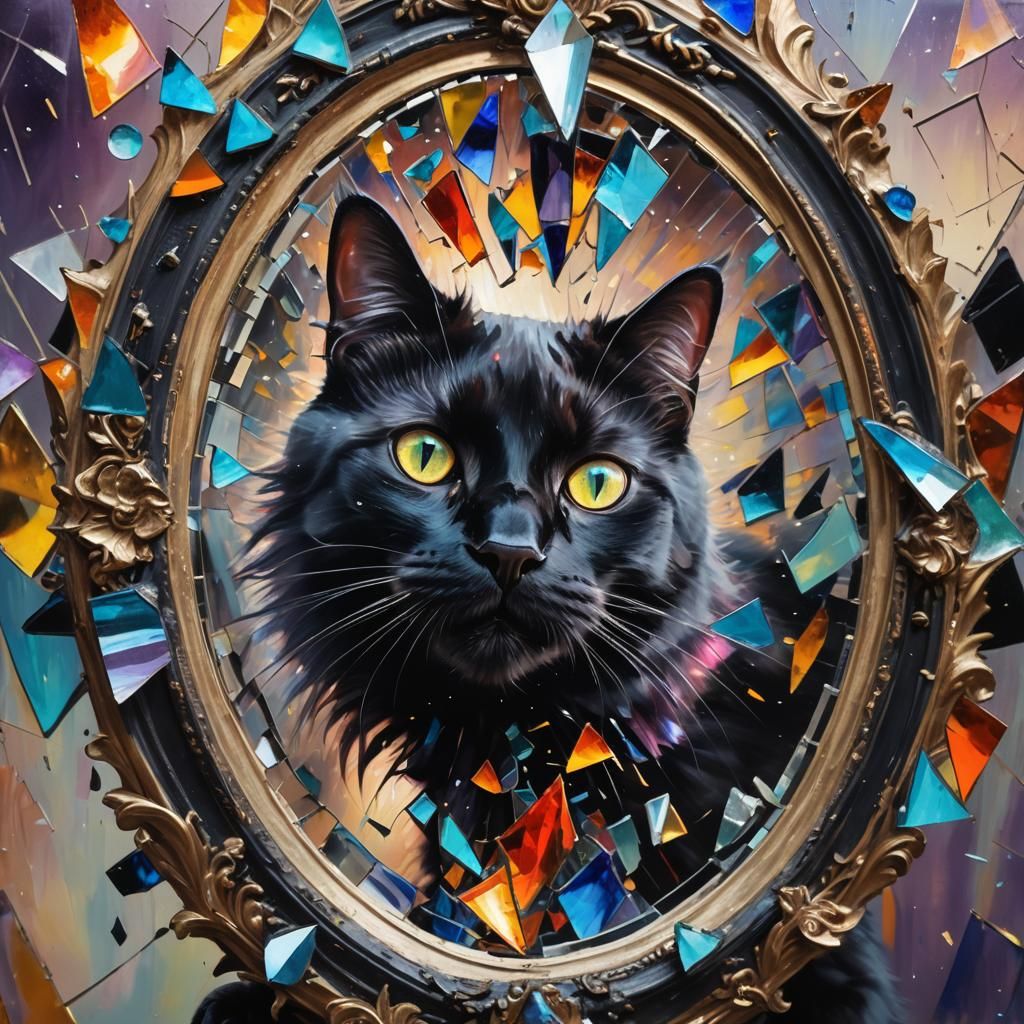 Magical Black Cat Leaps from Broken Mirror