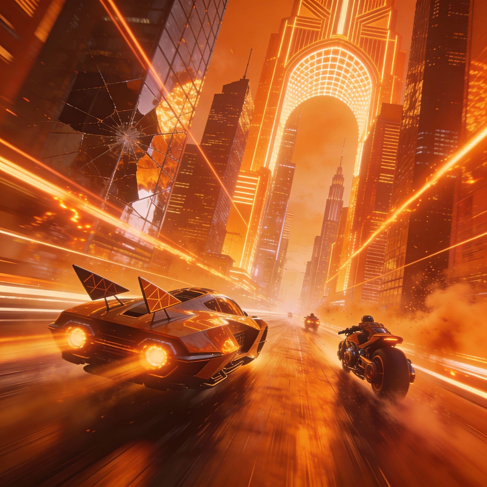 Retro-Futuristic Orange Neon City Vehicle Chase