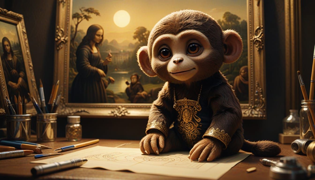Cheburashka Paints Mona Lisa in Studio, Highly Detailed Digi...