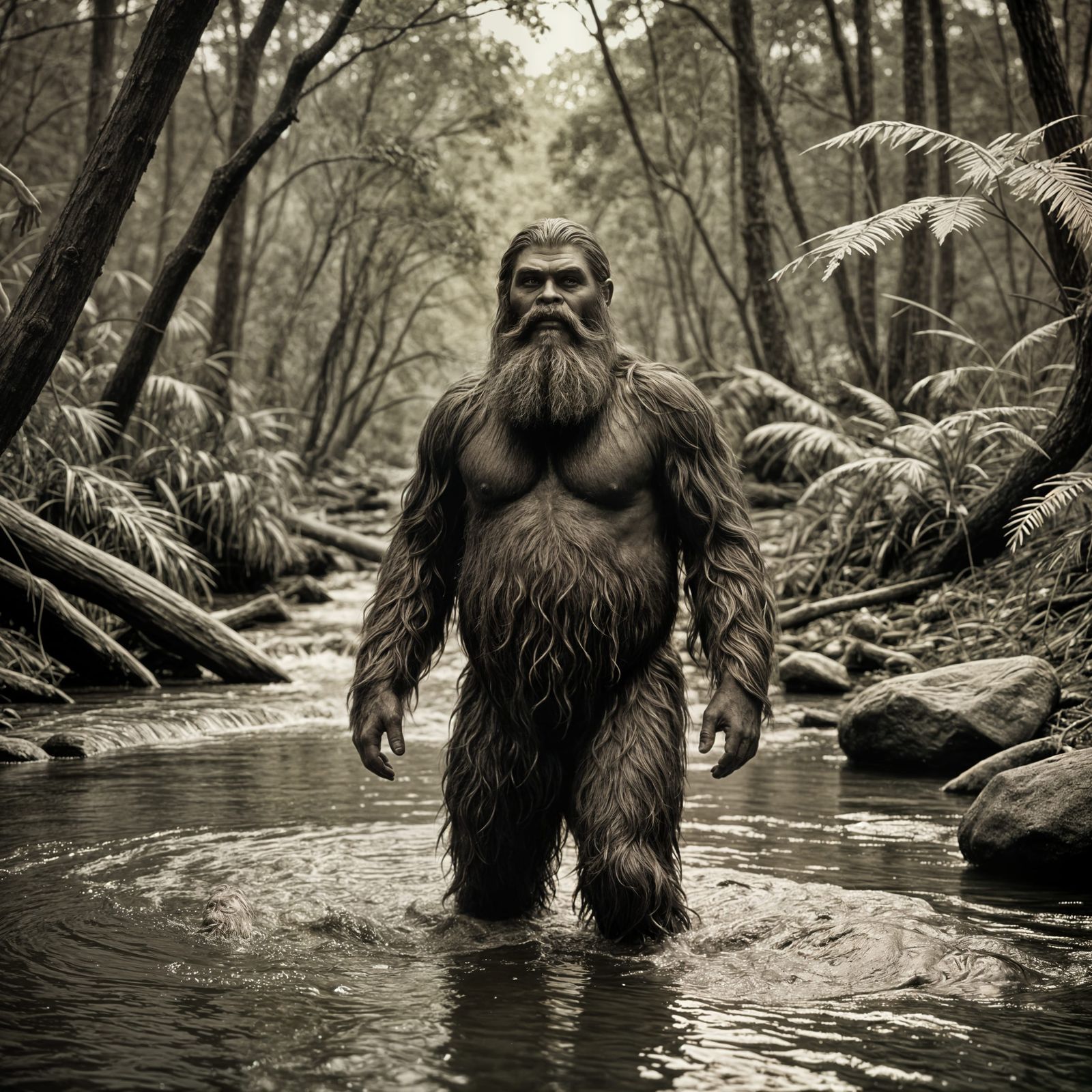 Yowie Sneaking Up on Woman in Creek - Vintage Photo