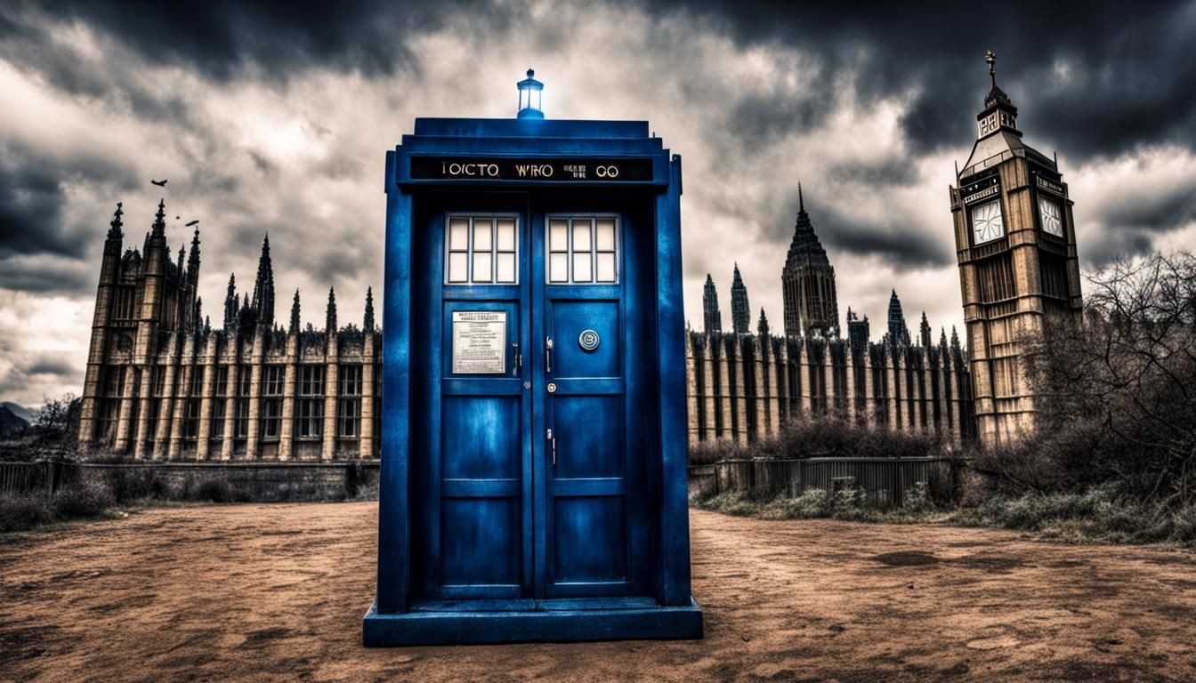 Doctor Who Stands Before the TARDIS: Hyperrealistic Image