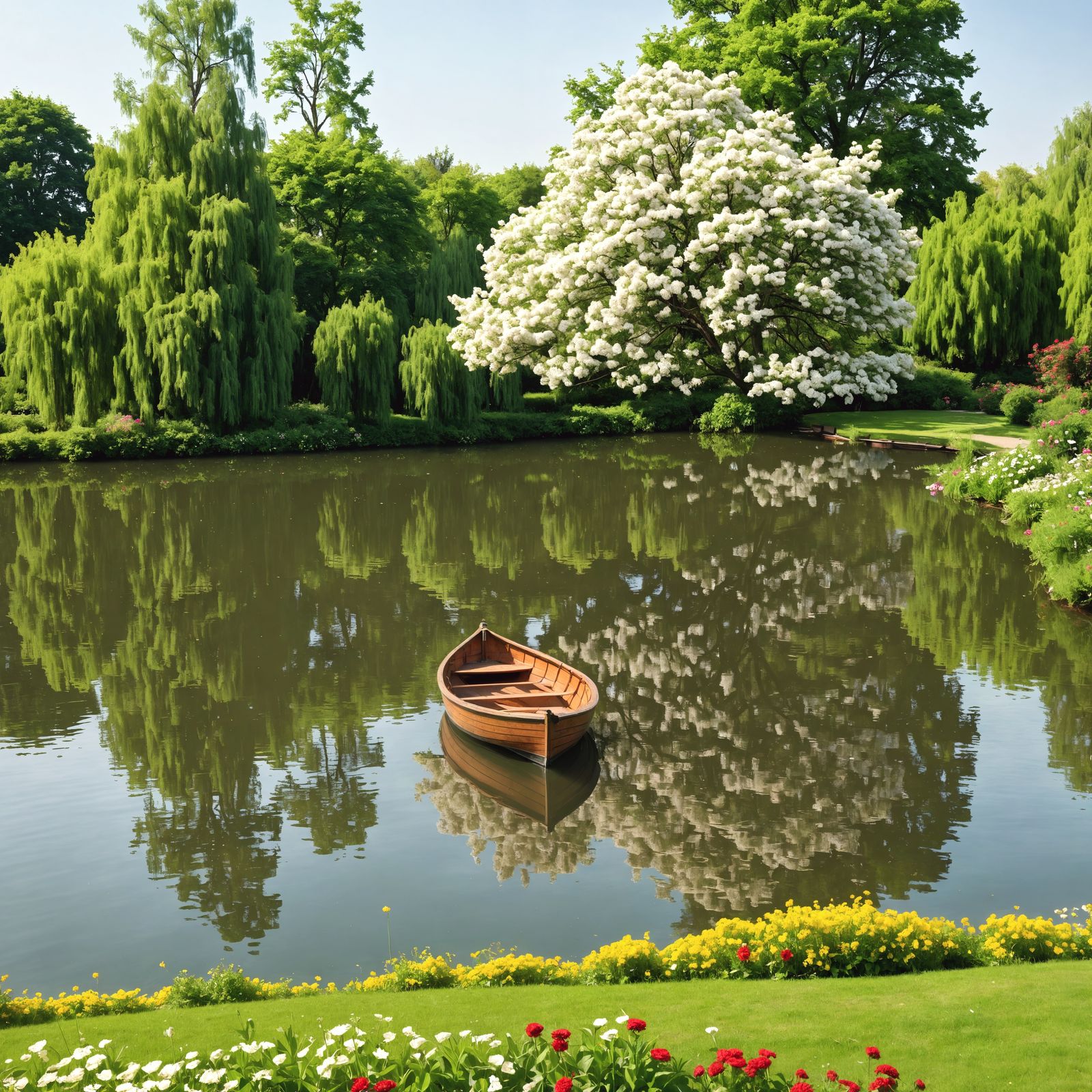 Peaceful Garden Lake Scene with Small Rowboat Amidst Verdant...