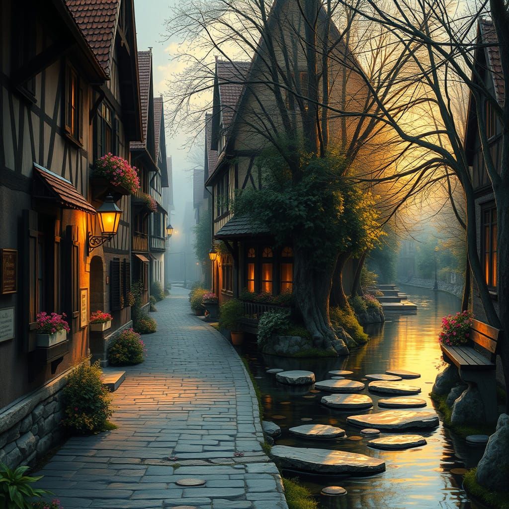 Charming German Village Houses beside a Serene Creek in Gold...