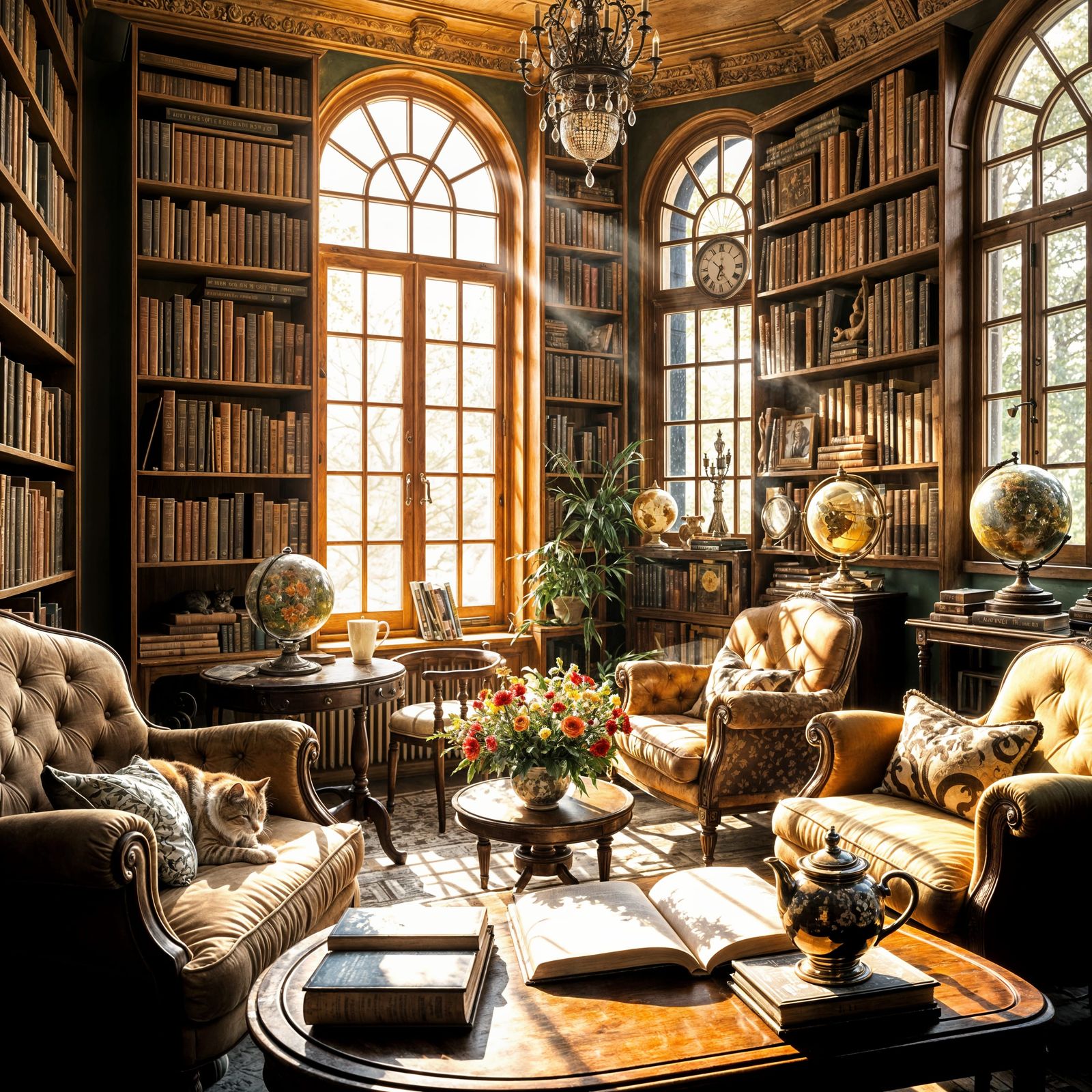 Cozy Sun-Drenched Library with Antique Globes