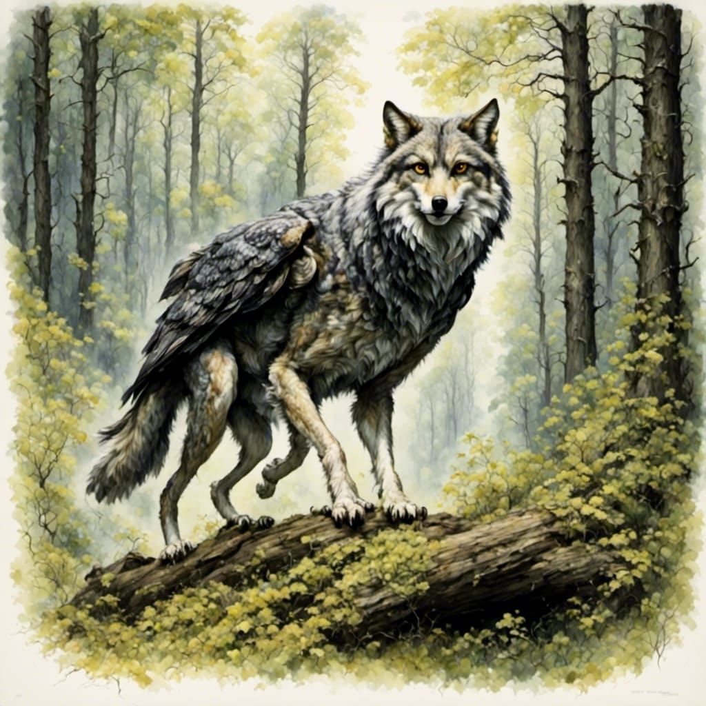 Owl-Wolf Hybrid Creature in Forest, Fantasy Art