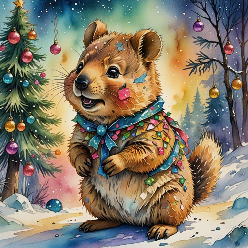 Christmas Quokka in Fantasycore Watercolour Style