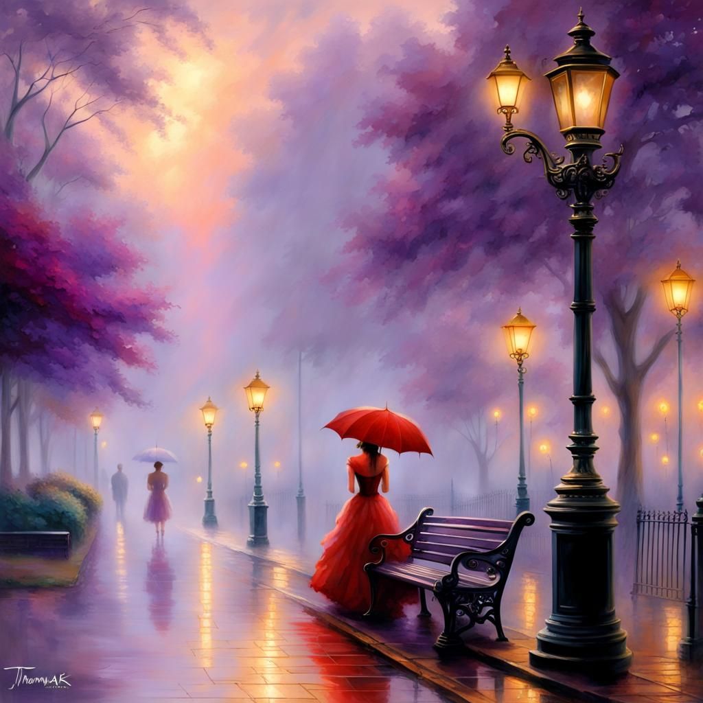 Ethereal Cityscape with Woman in Red Dress